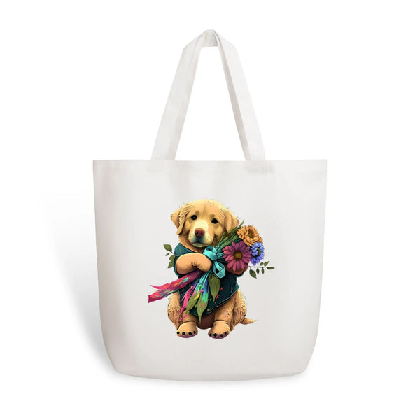 Dog with Flowers, 100% Cotton Tote Bag (Single-sided Print)
