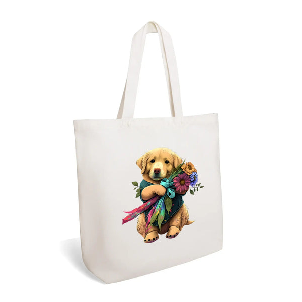 Dog with Flowers, 100% Cotton Tote Bag (Single-sided Print)