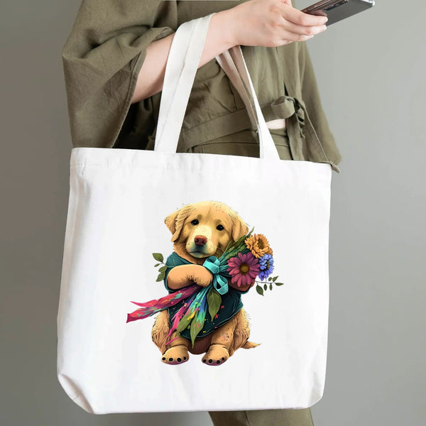 Dog with Flowers, 100% Cotton Tote Bag (Single-sided Print)