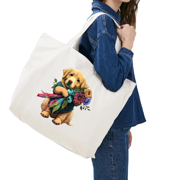 Dog with Flowers, 100% Cotton Tote Bag (Single-sided Print)